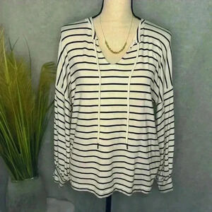 CABI Super Soft XS Black White Stripe Tie Neck Long Sleeve Sweatshirt